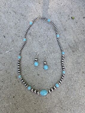 Turquoise Bead Silver-Tone Necklace & Earrings Set - Unbranded